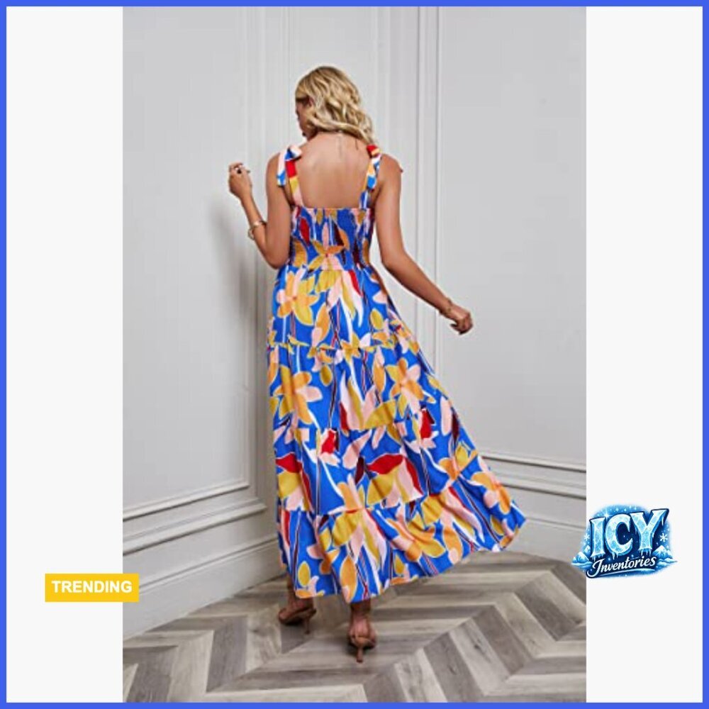 Polyester Maxi Dress with Spaghetti Straps Square Neck Ruffle Hem - Picture 3 of 7